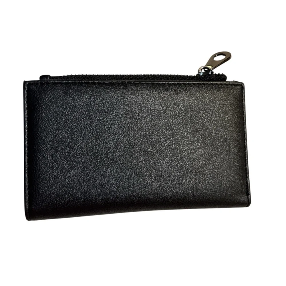 Black Wallet Faux Leather Steel Hardware Snap Closure Zip Pocket Billfold